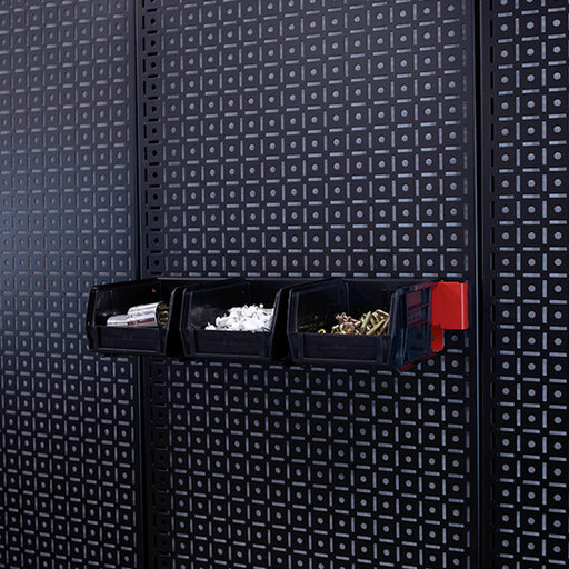 OmniWall Red Belt Clip & Black Bin Organizer on Black Pegboard